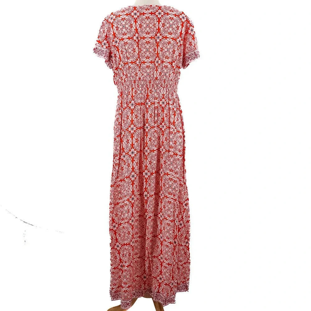 Sundance Maxi Dress Womens Good Boho Floral V-Neck Smocked Large Red China